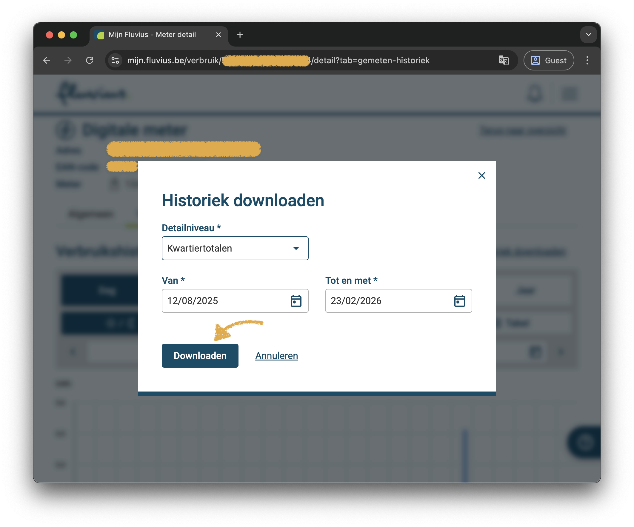 Downloadvenster — kwartiertotalen en periode