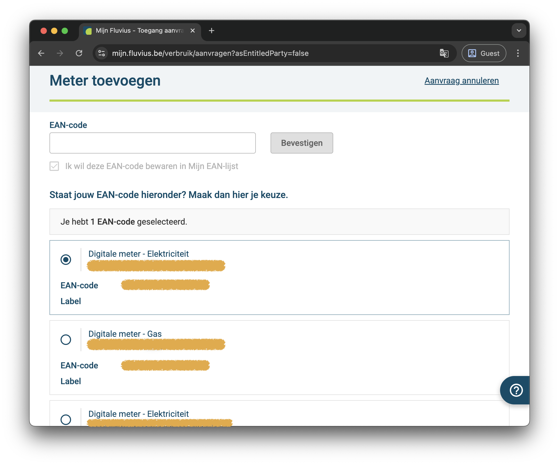 Meterselectie — kies elektriciteit